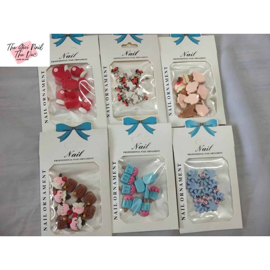 Charm, icon, nơ đính móng tay, móng chân, hình 4D, hoa văn nổi xinh sễu