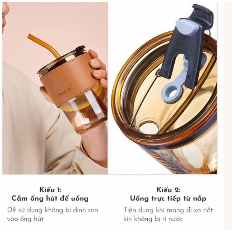 Cốc thủy tinh màu hổ phách bọc da có nắp đậy và ống hút