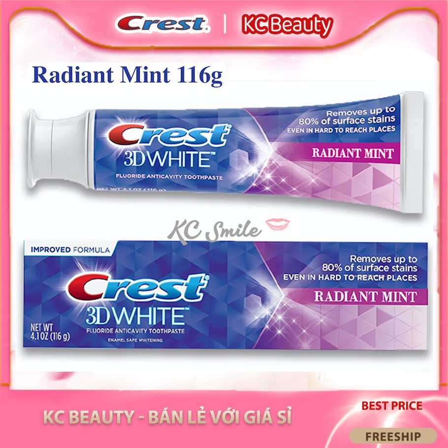 Kem đánh Răng Crest 3D White Radiant Mint bản Mỹ116gr - Làm trắng răng vượt trội cho hơi thở mát lạnh bạc hà