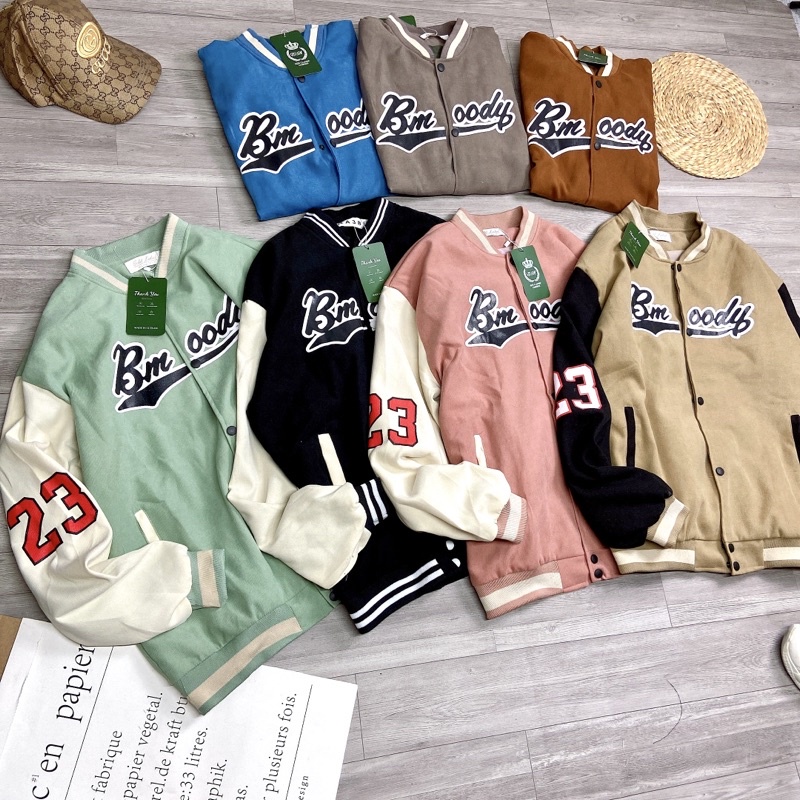 Áo Bomber Nhung Tăm 2 Lớp Áo Khoác Bóng Chày Thể Thao Số 23 Dáng Thụng Rộng