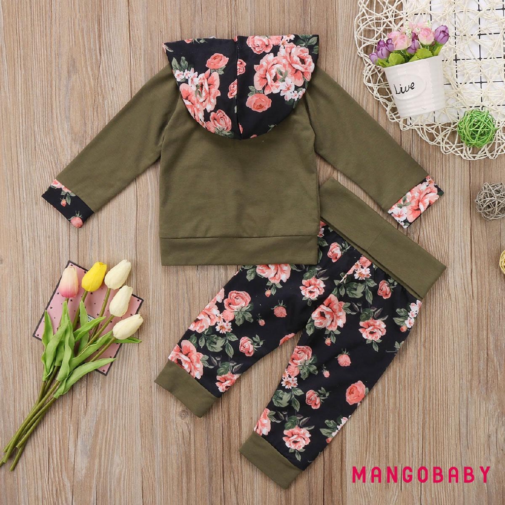 Set Áo Hoodie + Quần Dài In Hoa Dễ Thương Cho Bé Gái