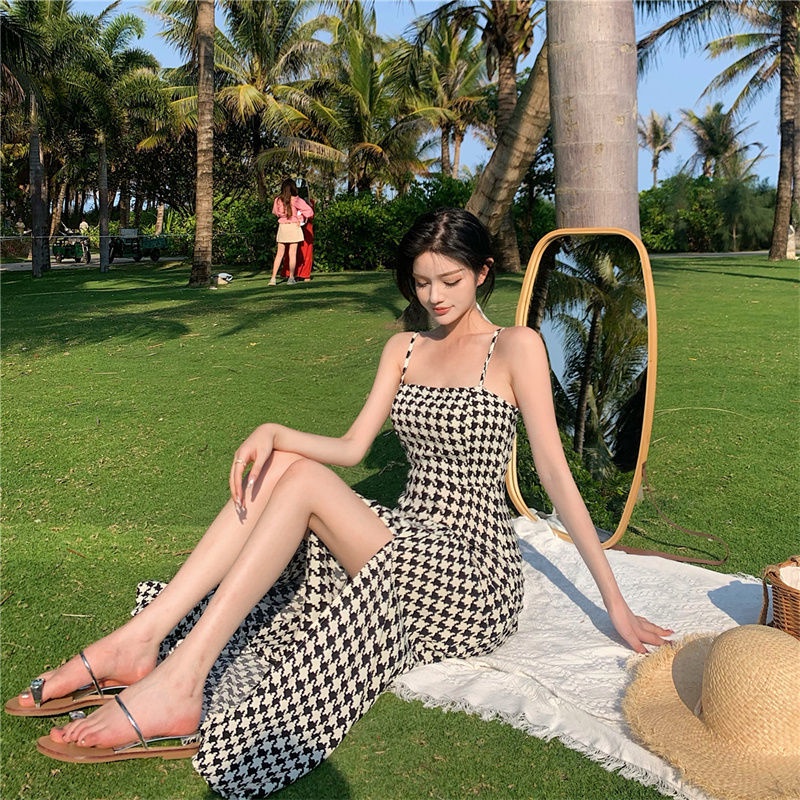 COZOK Đầm Không Tay Họa Tiết houndstooth Quyến Rũ Thời Trang Theo Phong Cách Hồng Kông