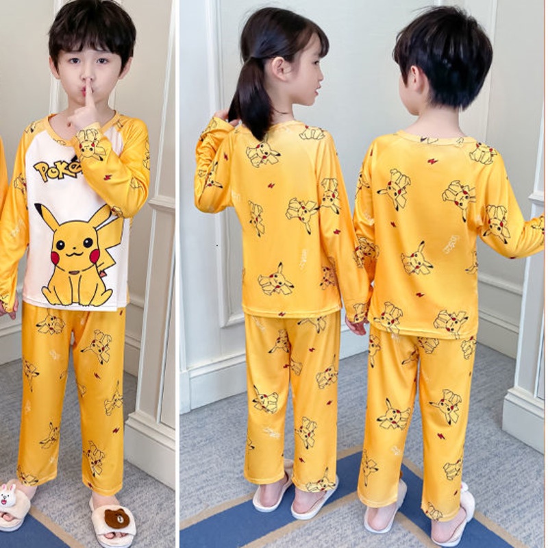 Bộ đồ ngủ tay dài cổ tròn thoáng khí in họa tiết hoạt hình cho bé trai và bé gái