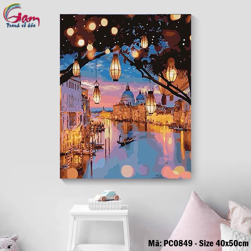 Tranh decor tự tô màu theo số 🎨LÊN MÀU CHUẨN🎨 phong cảnh Đèn lồng đêm Venice