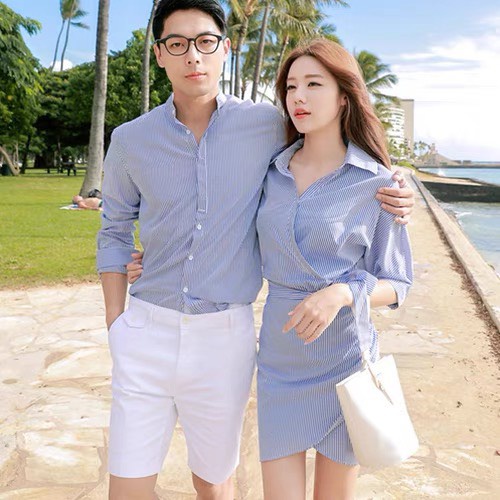 Set đồ cặp nam nữ xanh sọc công sở vải đẹp dày dặn Forever Couple Store (giá gồm váy và áo)
