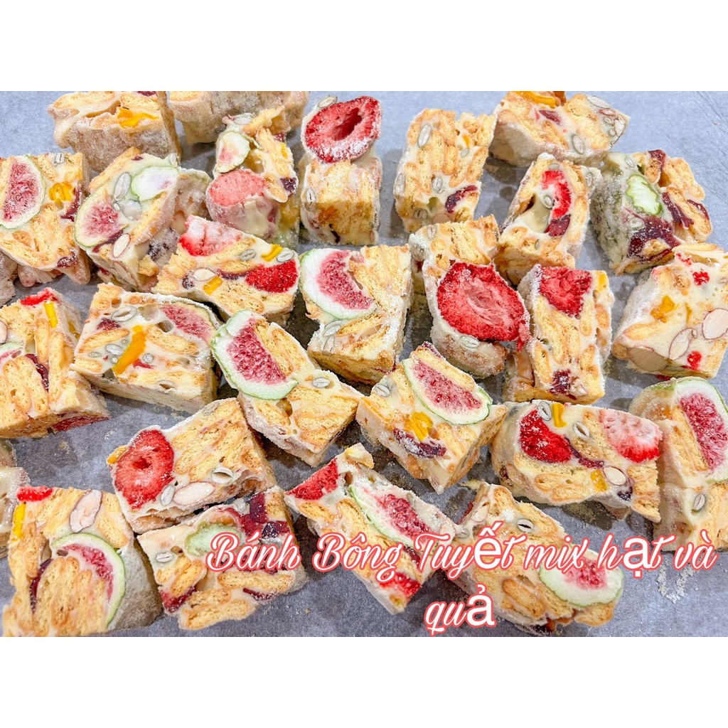 Bánh Bông Tuyết Nougat từ Marshmallow đường ăn kiêng, mix Hạt và quả sấy siêu ngon.