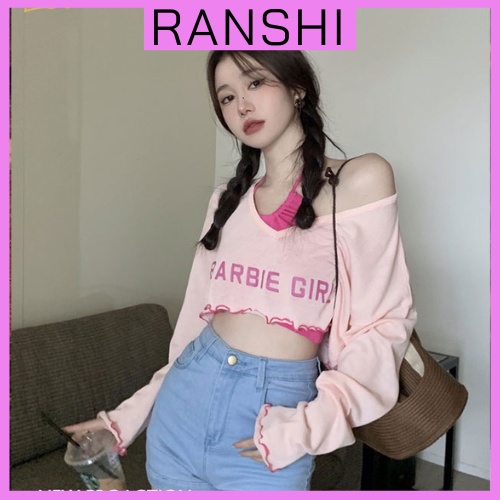 Set Áo Dài Tay Croptop 2 Món Sexy RANSHI Gồm Một áo Yếm Và Áo Croptop Chữ Cổ Tim Form Rộng Siêu Xinh - RA058