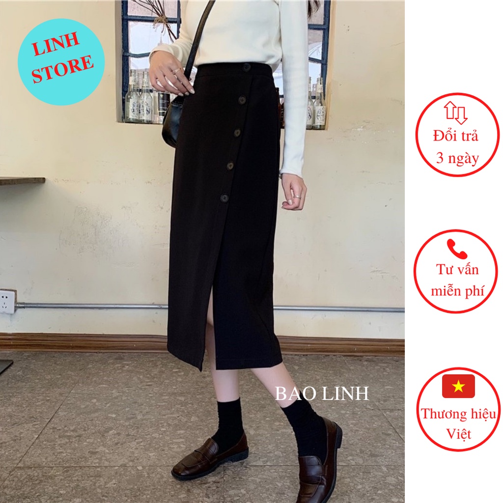 Chân Váy Dáng Dáng Dài LINH STORE Lưng Cao Công Sở Chữ A Phối 5 Cúc Xẻ Tà Chất Liệu Tuyết Mưa Vitex