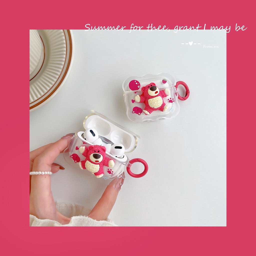 Vỏ Bảo Vệ Hộp Sạc Tai Nghe Bluetooth AirPods 1 2 pro 3 2021 Bằng Silicon Tpu Mềm Trong Suốt Họa Tiết Gấu Và Dâu Tây Dễ Thương Chống Sốc