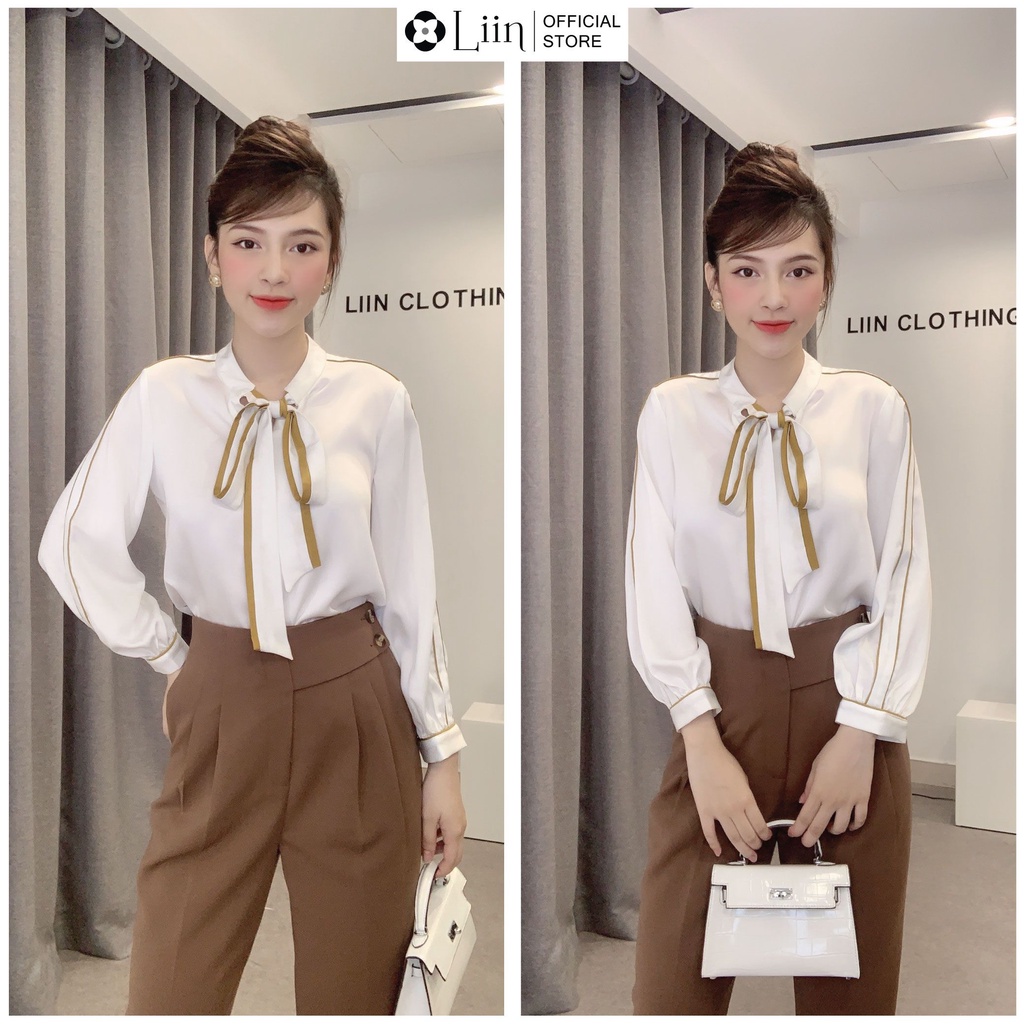 Áo sơ mi nữ màu Trắng kết hợp Nơ Viền Vàng form công sở trẻ trung, hiện đại Liin Clothing SM3623