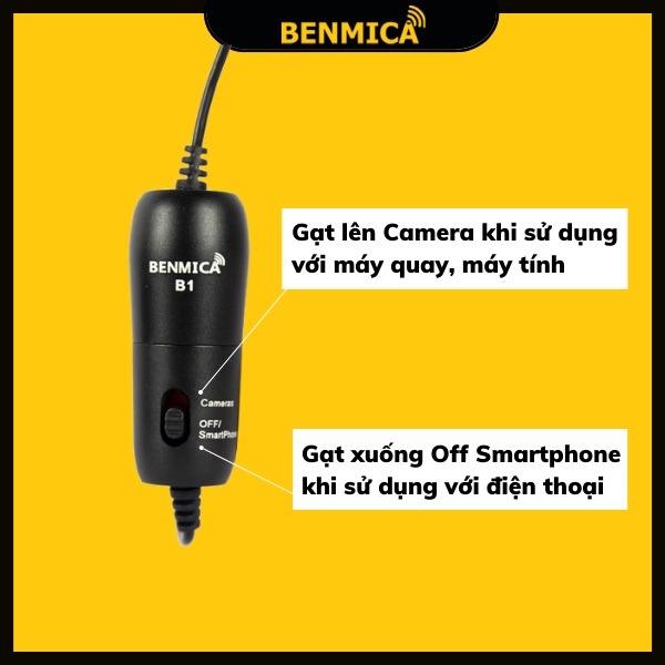 Micro thu âm cài áo Benmica B1 dành cho điện thoại, máy ảnh, máy quay dây kết nối dài 6m - Hàng chính hãng