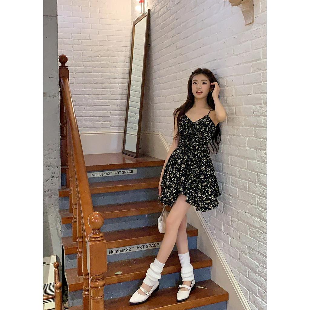 Đầm Hoa Hai Dây Màu Đen Thời Trang Mùa Hè 64047