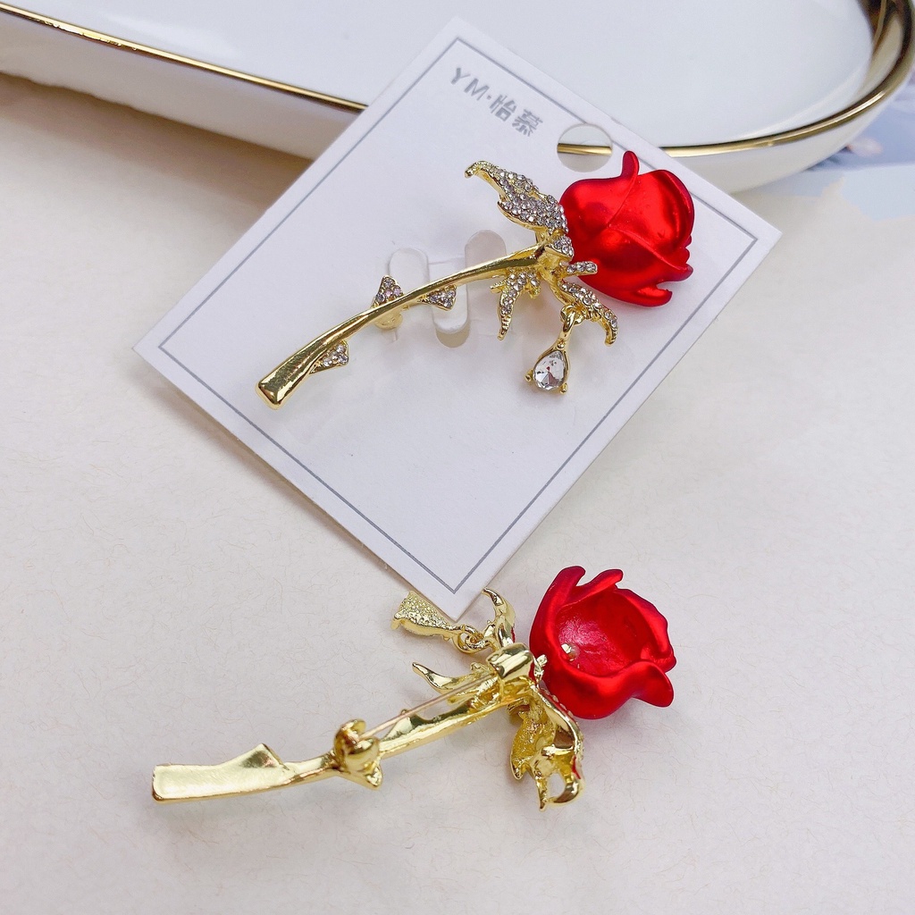 Ghim Cài Áo Hình Hoa Hồng Đỏ Đính Đá Sang Trọng