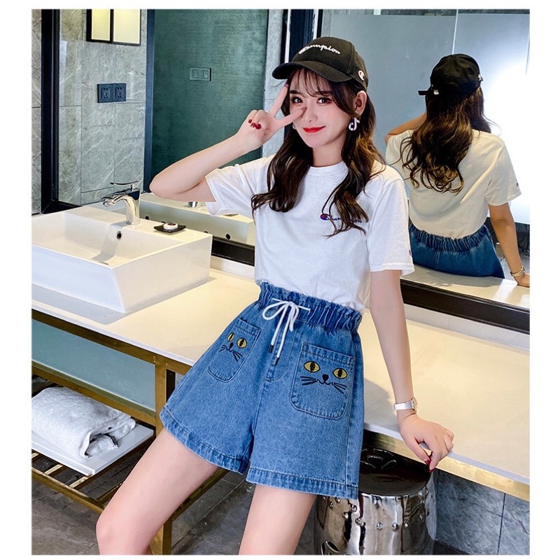 quần short big size màu xanh lưng thun 2 túi mặt mèo size 75-95kg