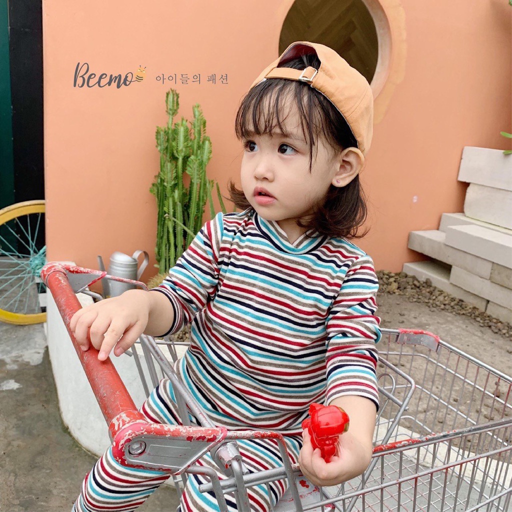 Set trang phục cotton bé trai/ bé gái áo kẻ cổ 3 phân Beemo 21B107