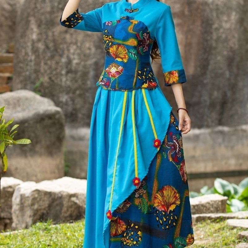 Bộ Đồ Sườn Xám Cách Tân Vải Cotton Lanh Cài Khóa Kiểu Trung Hoa Retro