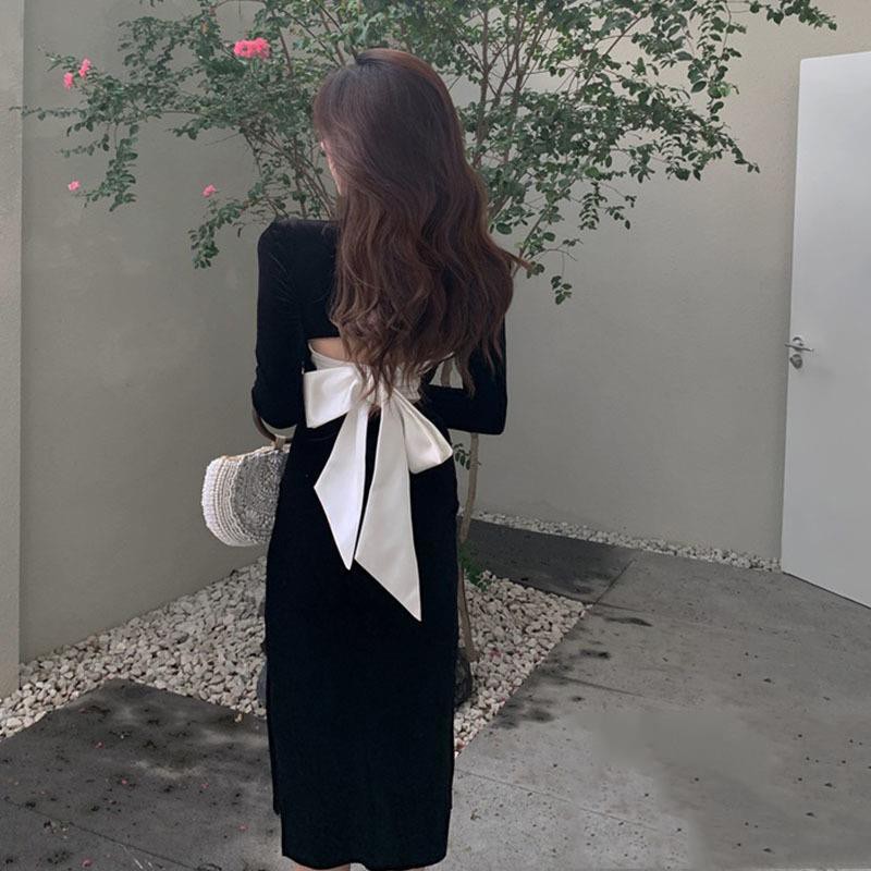 [Mã FAMAYWA2 giảm 10K đơn 50K] Váy nhung cổ nhung kết hợp hở lưng quyến rũ-V24 | BigBuy360 - bigbuy360.vn