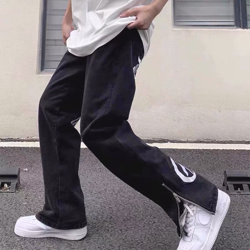 Quần bò jeans ống rộng thêu chữ CH dáng dài xẻ vạt zipper kéo khoá hiphop Ulzzang siêu chất