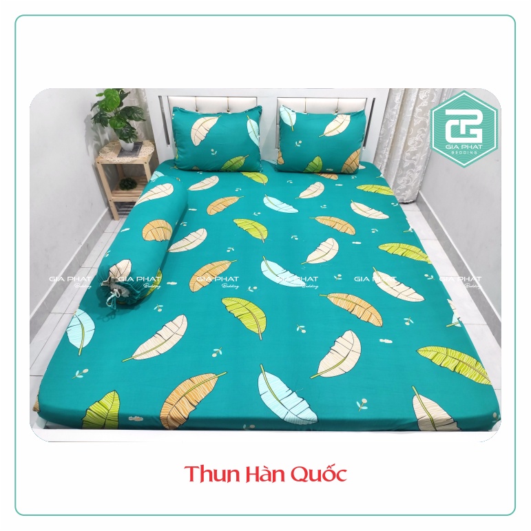 Bộ Ga Gối Thun Lạnh Hàn Quốc { 4 Món } họa tiết Lá Chuối ( 1 ga bọc + 2 vỏ gối nằm + 1 vỏ gối ôm )