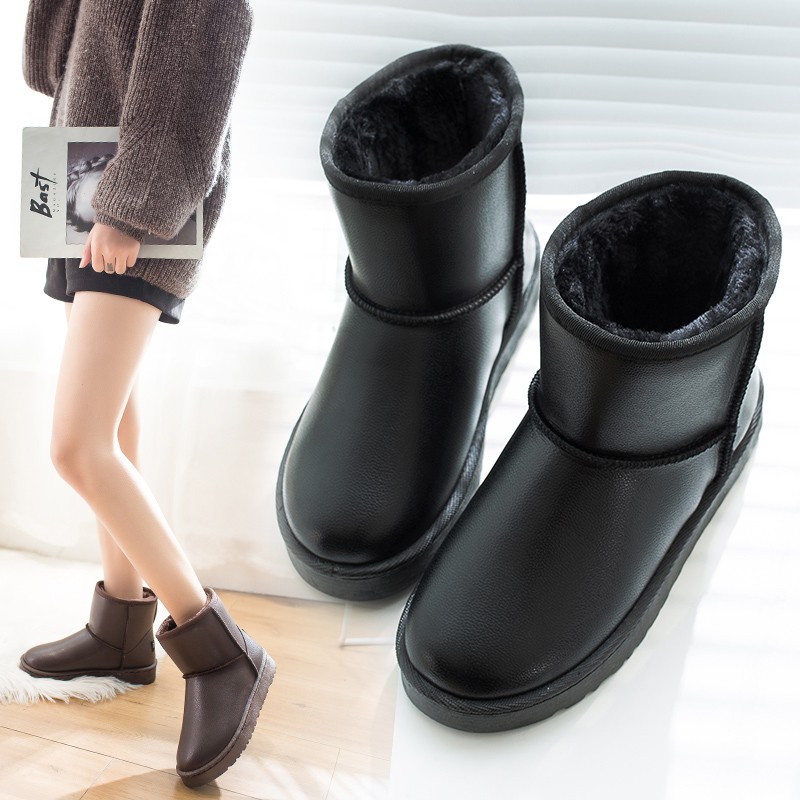 ☬☒One foot plus thick warm short barrel snow boots women's winter 2018 new waterproof leather surface anti-slip flat co