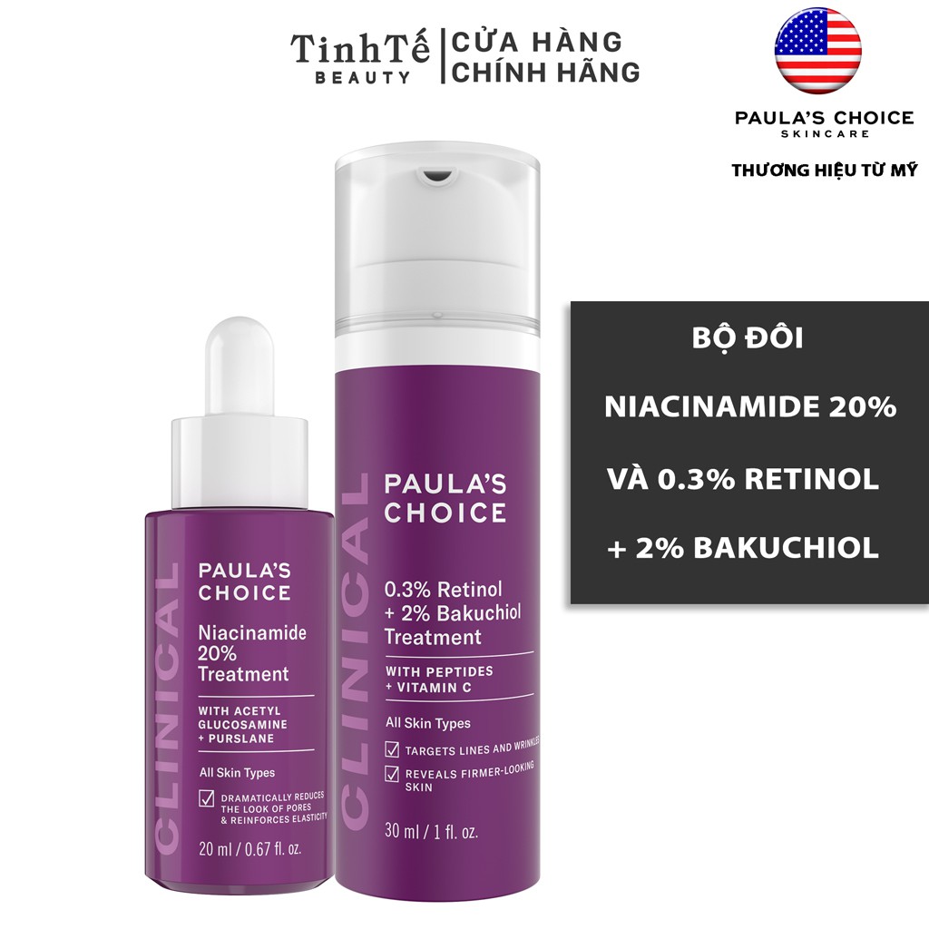 Bộ sản phẩm Paula's Choice Niacinamide 20% và 0.3% Retinol+ 2% Bakuchiol 20/30ml