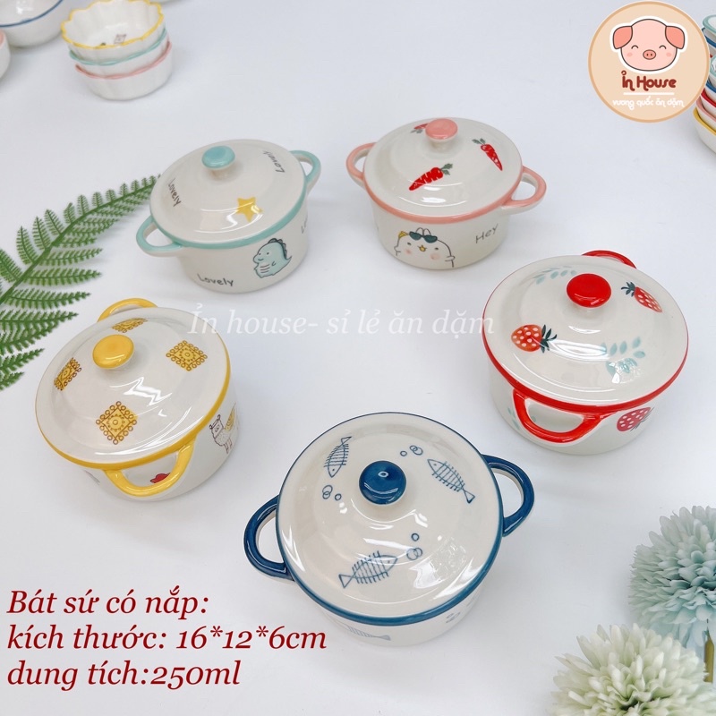 Bát ăn dặm cho bé, bát sứ ăn dặm kiểu Nhật , họa tiết xinh xắn có tay cầm loại to 200ml