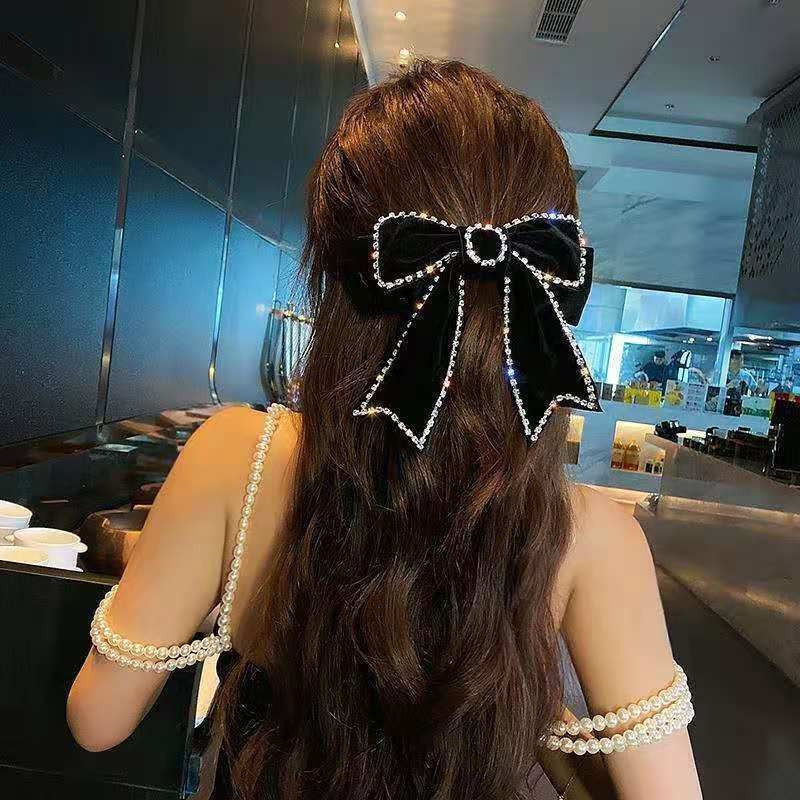 Kẹp nơ đính đá phong cách hàn quốc, kẹp nơ nhung to sang chảnh, tiểu thư