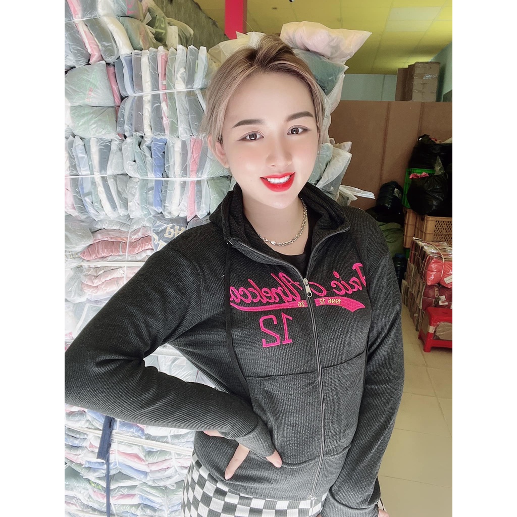 Áo khoác nữ có nón chất thun gân tăm mềm mát co giãn lên phom siêu ôm dáng phối sọc dễ thương