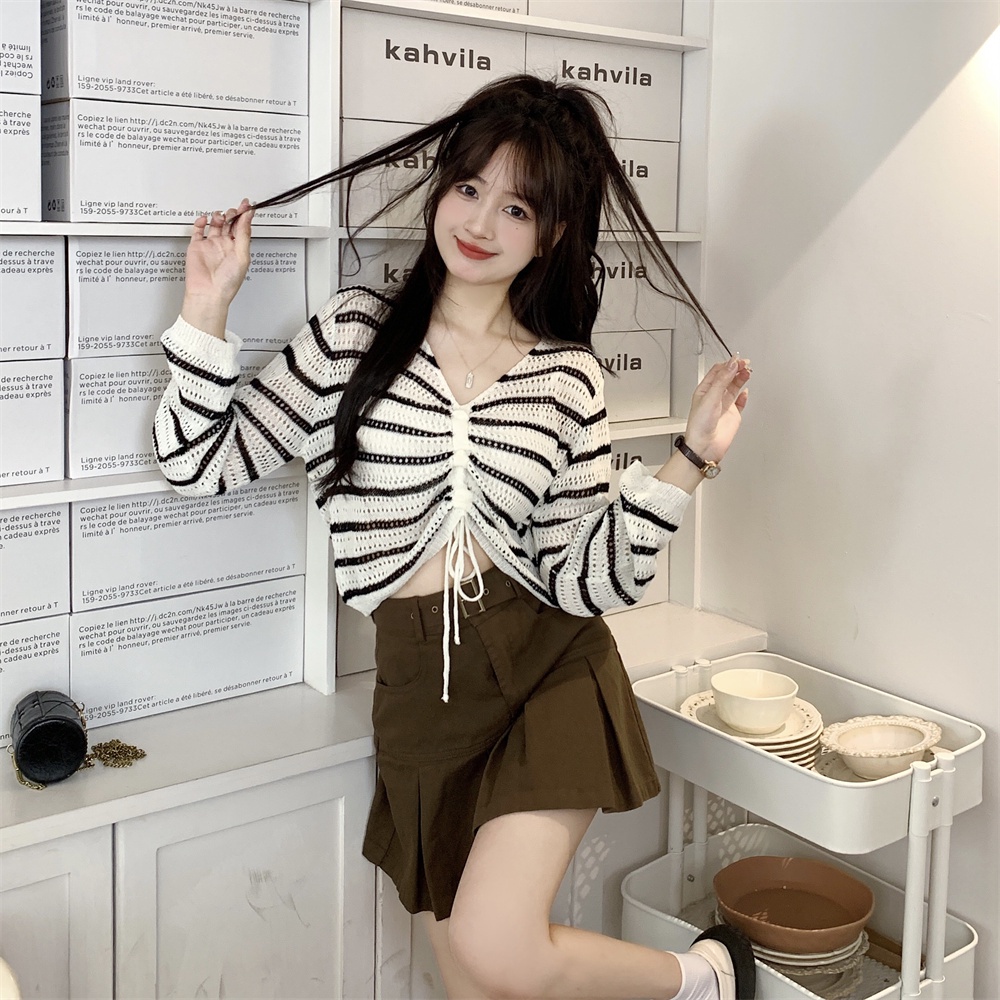 Áo Croptop Dệt Kim Kẻ Sọc Thời Trang Mùa Thu Hàn Quốc Cho Nữ