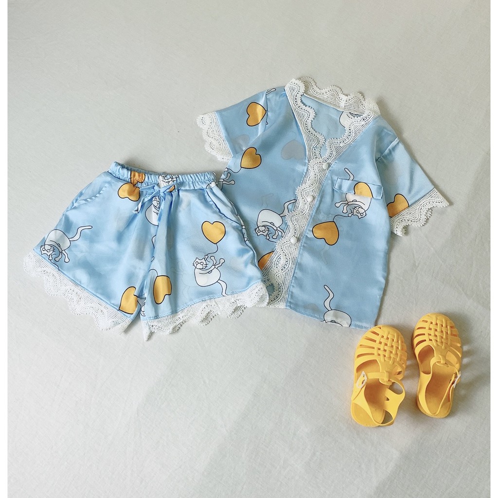 Bộ Ngủ Pijama Lụa Satin Tay Ngắn Siêu Xinh Cho Bé Gái BN22