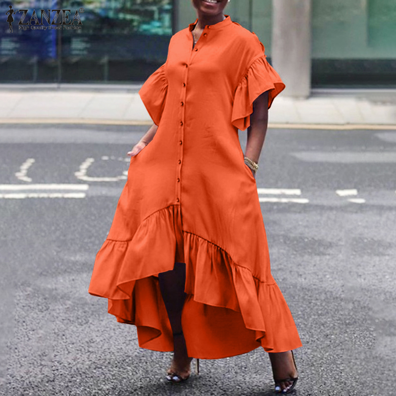 Đầm Maxi ZANZEA Tay Ngắn Cổ Chữ V Vạt Áo Không Đều Màu Trơn Dáng Rộng Viền Áo Nhún Bèo Thời Trang Nữ | BigBuy360 - bigbuy360.vn