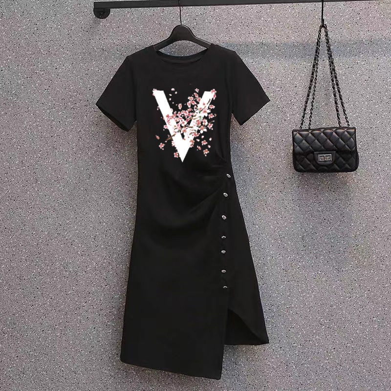 Đầm Thun Cotton Tay Ngắn Dáng Rộng Thiết Kế Xẻ Tà Thời Trang Mùa Hè Cho Nữ