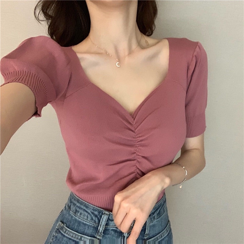 Áo dệt kim cổ V nhún ngực