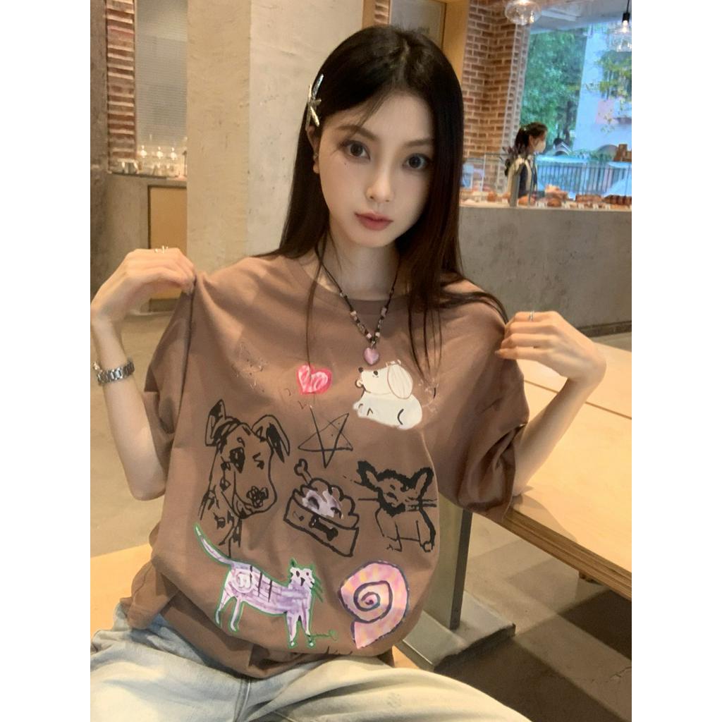 Áo Thun Dáng Rộng Ngắn Tay In Hình Động Vật Phong Cách Mới Mùa Hè 64163