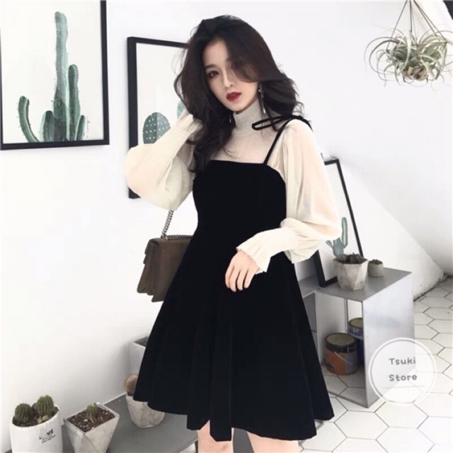 Set váy yếm nhung ulzzang kèm ảnh thật👑