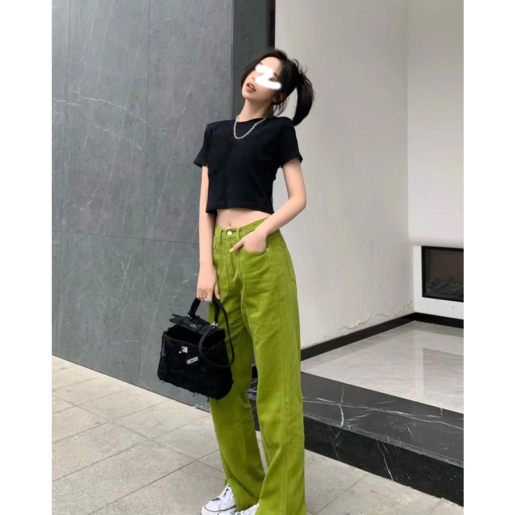 Quần Jean Dài Ống Đứng Xẻ Tà Màu Xanh Bơ Phong Cách Mỹ Thời Trang Mùa Hè Cho Nữ