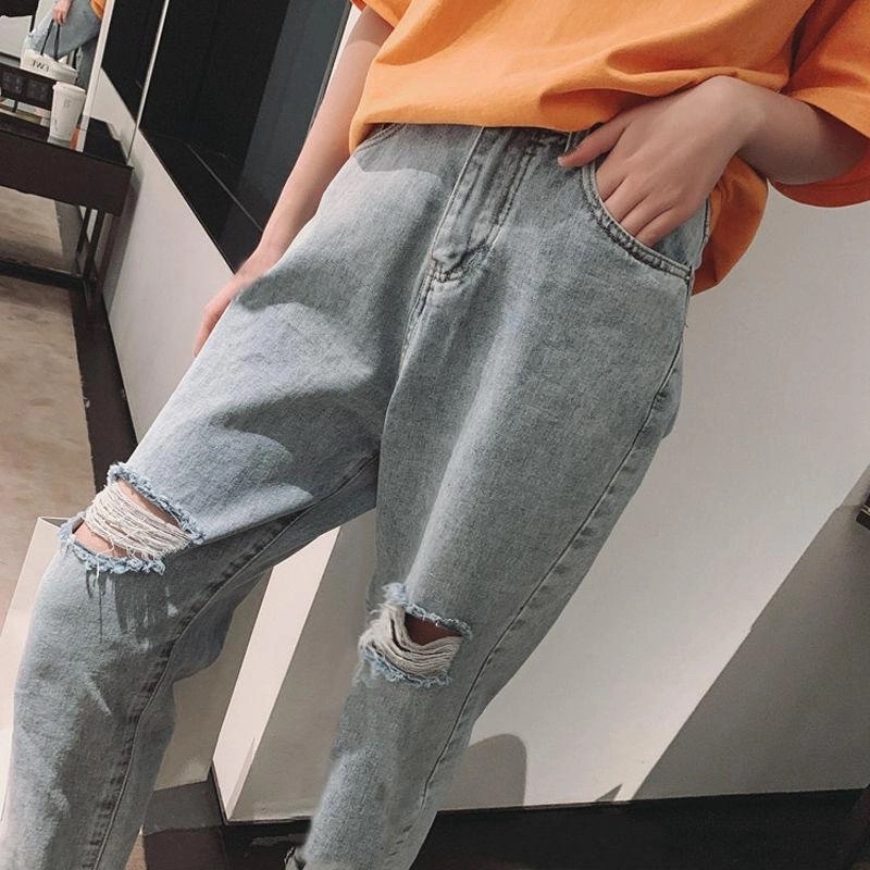 Quần Jean Nữ Ống Đứng Màu Xanh Bạc Rách Mài Gối Cạp Cao Phong Cách Ulzzang Cá Tính Ngầu Chất Hàng Quảng Châu