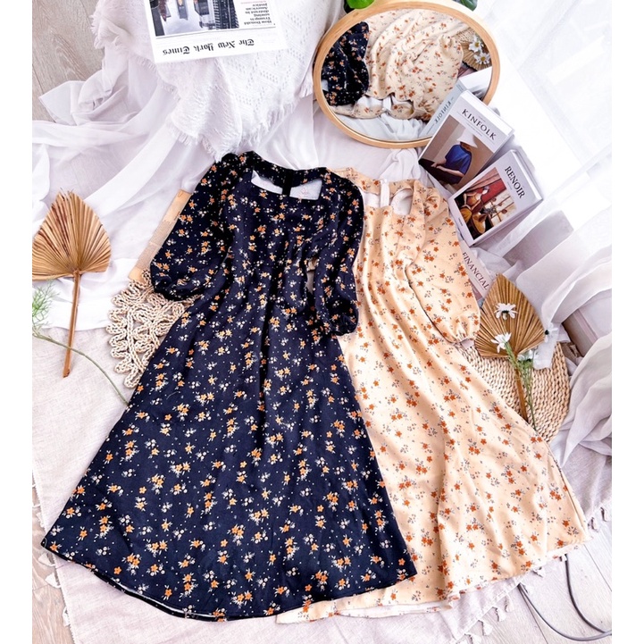 ĐẦM MIDI HOA CỔ VUÔNG TAY LỠ