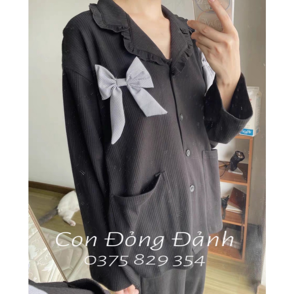 ĐỒ NGỦ NỮ dài tay GẤU ĐÁNG YÊU thắt nơ bèo nhún phong cách Hàn Quốc 2021 DN017 (Chất thun cotton mềm) | BigBuy360 - bigbuy360.vn