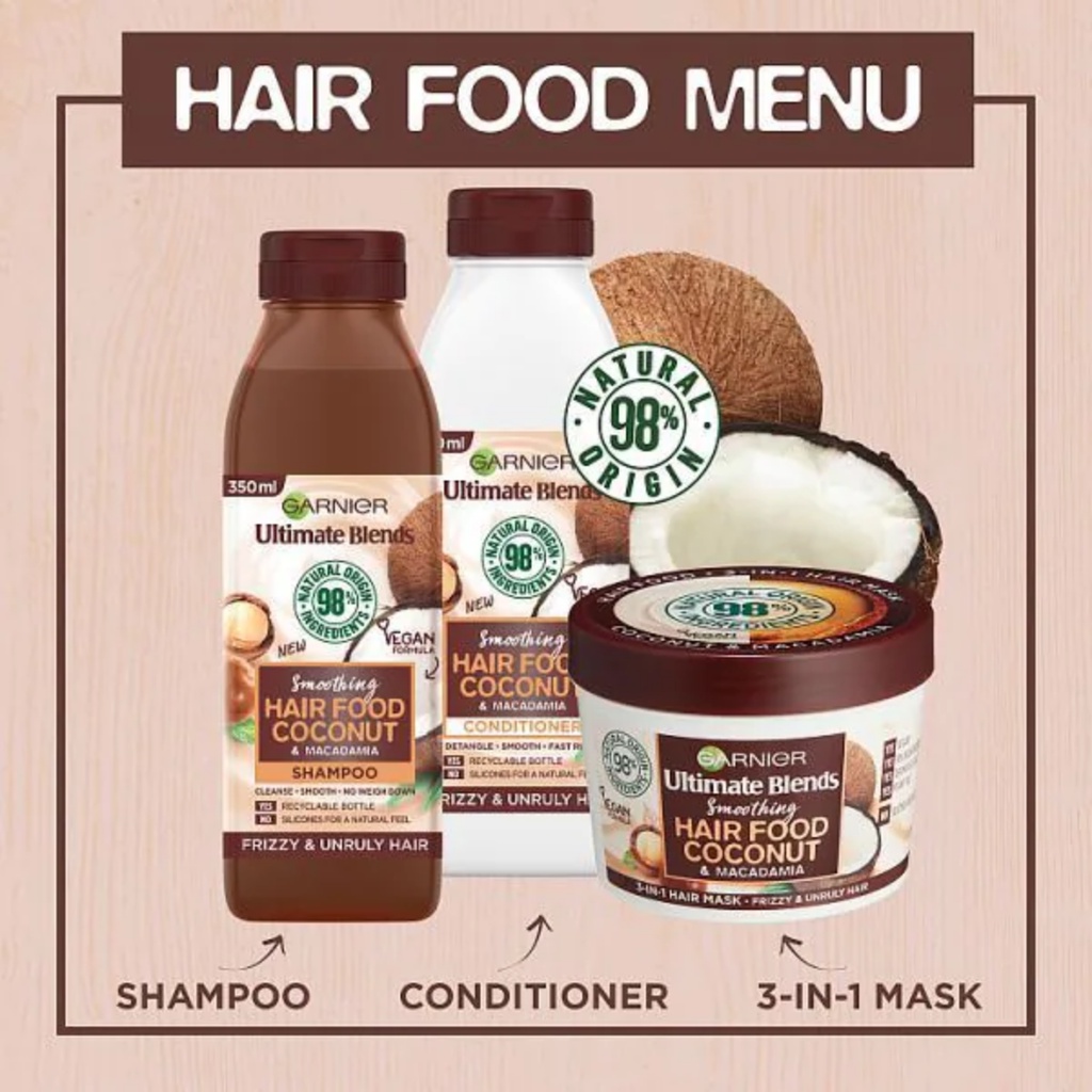 Bộ ba sản phẩm dưỡng tóc chuyên sâu Garnier Ultimate Blend Coconut Hair Food dành cho tóc xoăn, xù rối