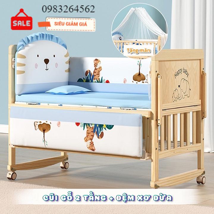 Cũi Gỗ Cho Bé Size 105*60*90,Giường Nôi Cho Trẻ Em Có Bộ Quây Cũi Đã Năng 6 Chế Độ,Gỗ Thông,Có Thanh Chắn Giường GENMAMA