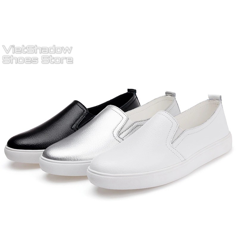 Slip on da nữ - Giày lười da nữ dáng classic - Chất liệu da bò phủ màu (trắng) và (đen) - Mã SP: 6688N/301