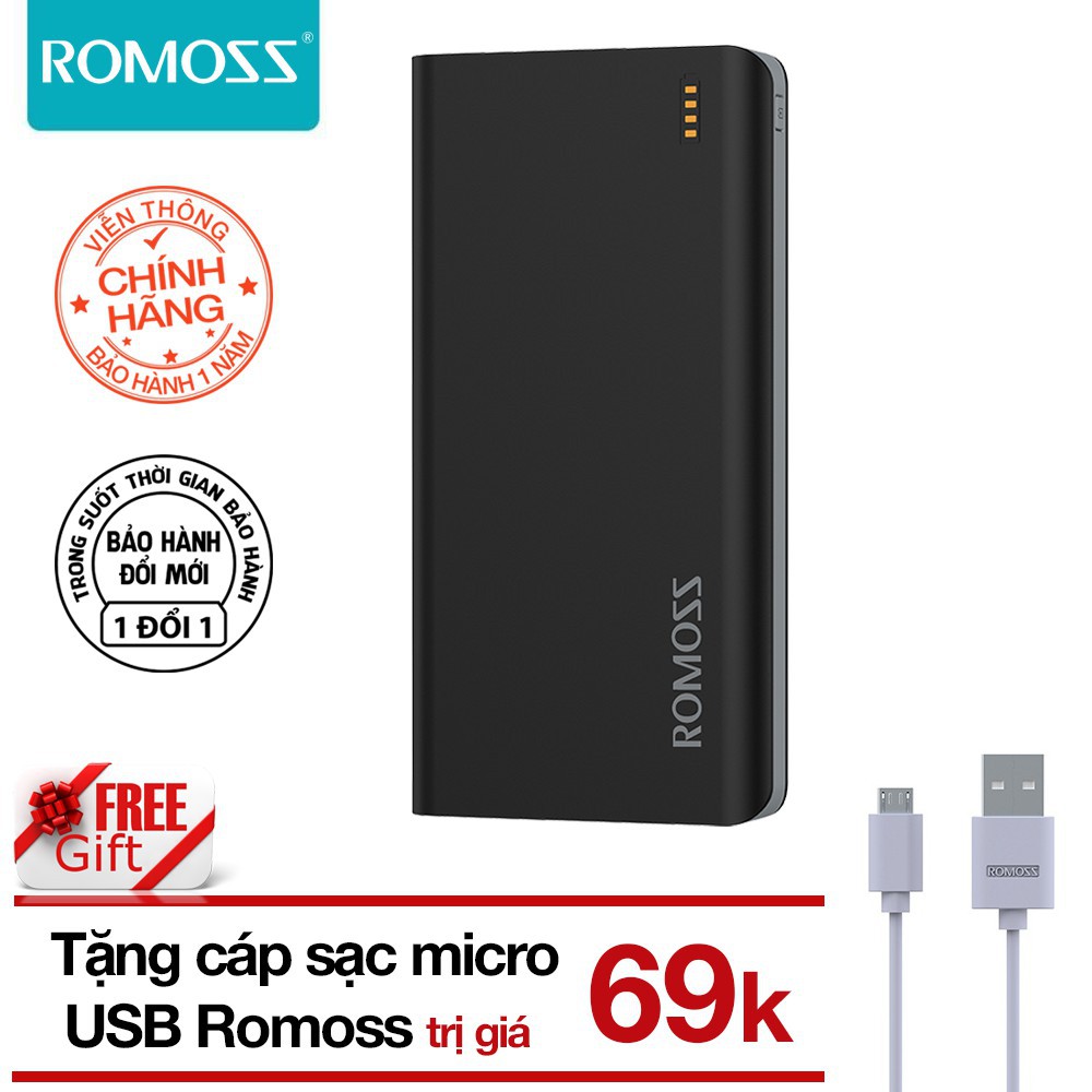 Pin sạc dự phòng 20.000mAh Solit 20 Romoss (Đen) tặng Cáp sạc micro USB Romoss - Hãng phân phối chính thức