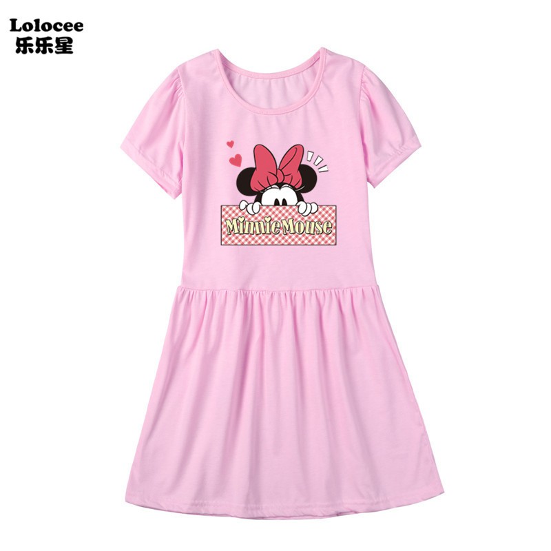 Cô gái tay ngắn Minnie Mouse Dress Kids Cotton Soft School Fashion Dresses