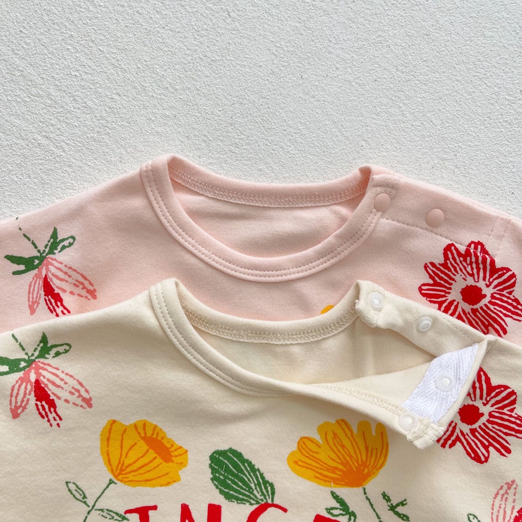 Áo liền quần dài tay in hoa đáng yêu cho bé gái 0-24 tháng