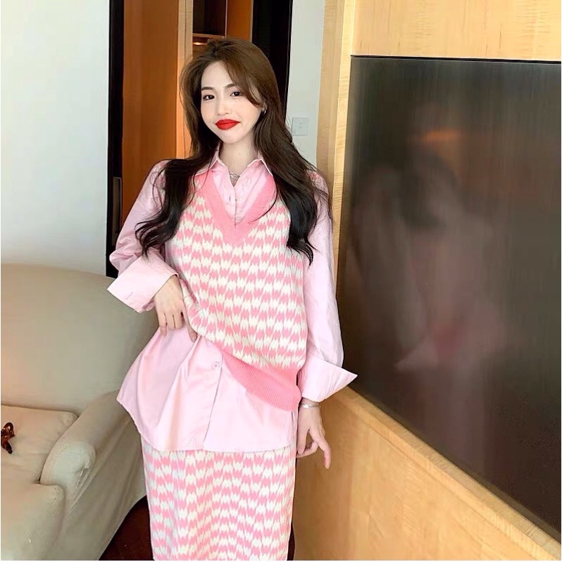 Áo vest gile len hồng ulzzang/Set váy dài, sơ mi gile hồng taobao thu đông 2021