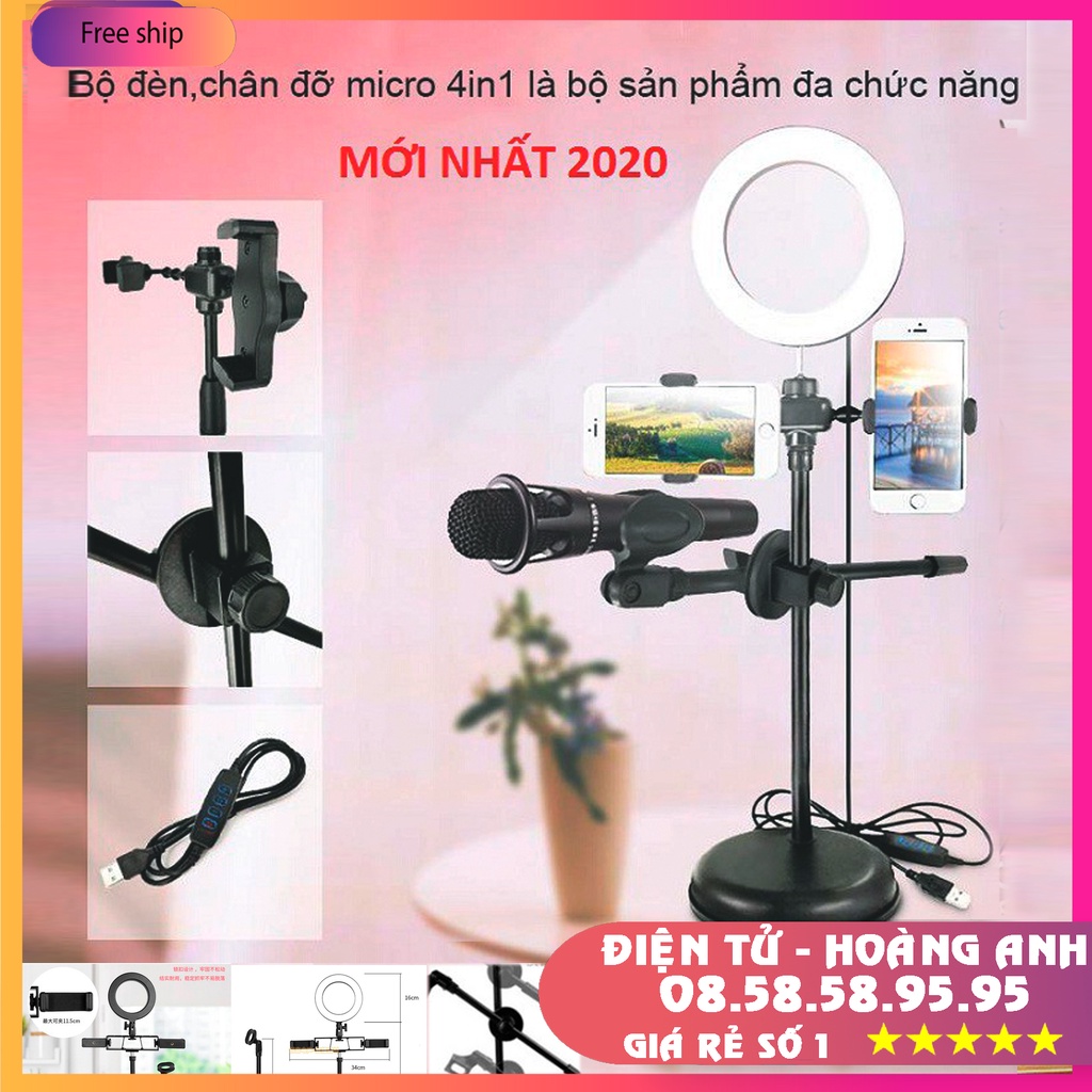 Đèn livestream 4in1 để bàn có chân đỡ micro livestream 2 kẹp điện thoại - bộ giá đỡ điện thoại livestream 4in1