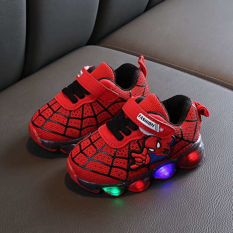 Giày Thể Thao Phối Lưới Thoáng Khí 19 Có Đèn LED Thiết Kế Hình Người Nhện Thời Trang Dành Cho Trẻ Nhỏ