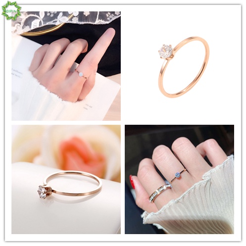 Nhẫn thép mỏng màu vàng hồng đính kim cương sang trọng phong cách Hàn Quốc cho nữ