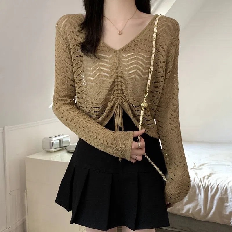 Áo Len Nữ Dài Tay Màu Nâu Trắng Đen Cổ V Rút Dây Chất Len Lưới, Áo Len Thu Đông Phong Cách Hàn Quốc Đủ Size Chất Đẹp